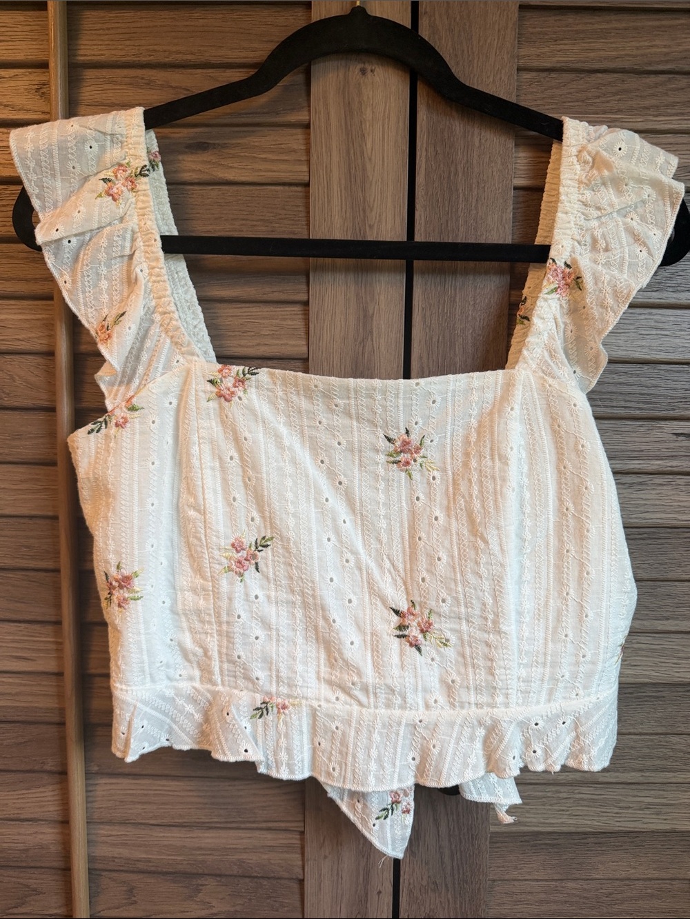 Cream Floral Eyelet Ruffle Crop Top